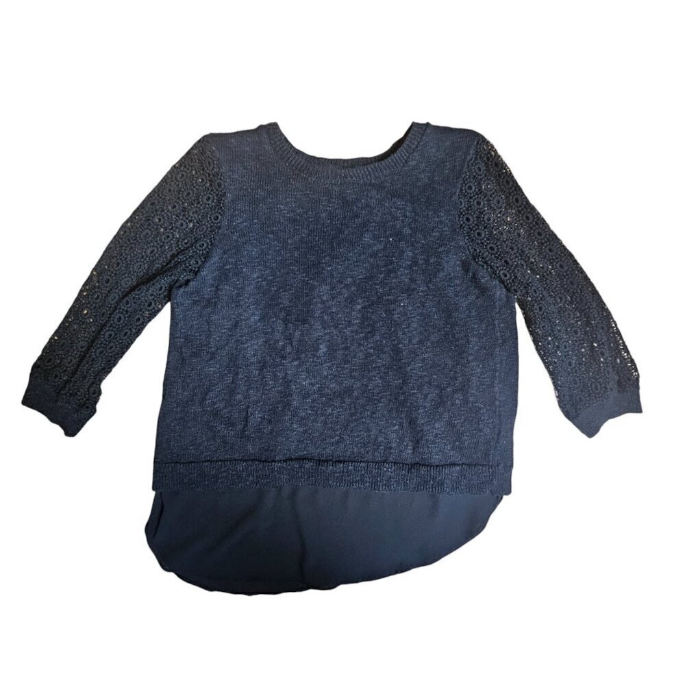 Lucky Brand Crochet Long Sleeve Knit Sweater Top Womens M Black Cozy Casual